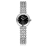 Womens Rhinestone Beads Hollow Band Quartz Bracelet Watch (Silver Band + Black Dial)