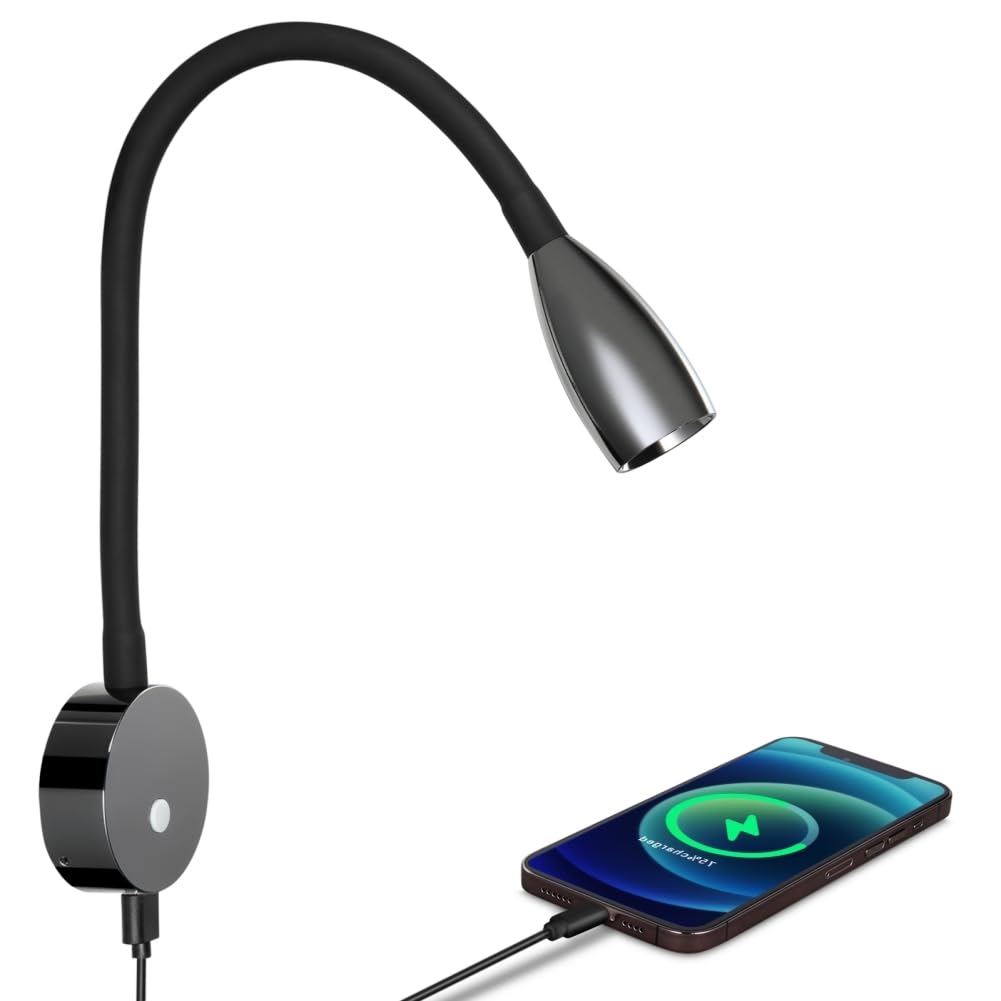 acegoo 12V LED Reading Light Campervan with USB Quick Charger, DC12-24V Hard-Wired Surface Mount Gloss Black Flexible Gooseneck Reading Lamp for Boat Van Caravan Car Motorhome