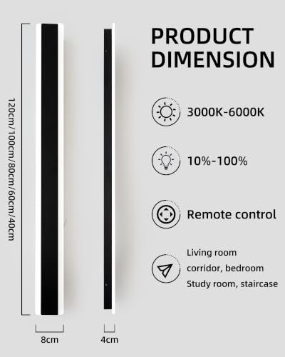 niuniaj Long Indoor LED Wall Light with Remote Control, Dimmable 10%-100%, 3000K/4000K/6000K, Wall Lamp, Modern Wall Light for Terrace Hallway Entrance Villa, 60 cm/15 W, Black | Regulable 10%-100%,3000K/4000K/6000K,Lámpara de Pared Moderno para Terraza Pasillo Entrada Villa,15W,Negro