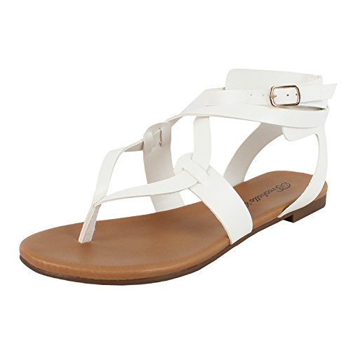 Buy Womens Open Toe Ankle Strap Cage Cutout Flat Strappy FlatsSandals (7.5 M, White Pu) Online