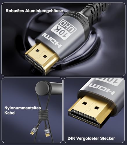 Sniokco 10K 8K 4K HDMI 2.1 Cable 1.5 Metre, Certified 48Gbps Ultra High Speed HDMI Cable 0.01ms 4K 240Hz 165Hz 120Hz 8K 60Hz eARC Netflix HDCP 2.3 2.2 DTS:X HDR10+ TV Monitor Projector Roku