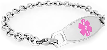MedicEngraved Womens Stainless Steel Medical ID Bracelet with Pink Enamel Medical Tag - Sizes 6.5, 7, 7.5 (SS-PNK2)