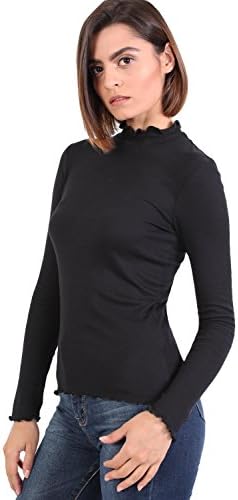 PILOT Women's Plain Fine Rib Fluted Edge Detail Long Sleeve Top in Black, X-Small
