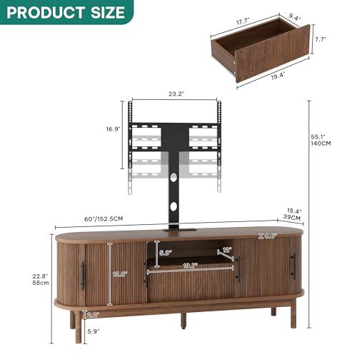 YITAHOME Fluted Curved TV Stand with Mount for 32-70 Inch TVs, Modern Entertainment Center with LED Lights & Power Outlets,Walnut