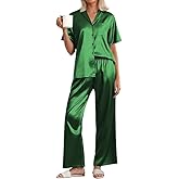 Ekouaer Womens Silk Pajama Sets Short Sleeve Button Down Shirt with Long Pants Soft Sleepwear Satin Pjs Lounge Set S-XXL