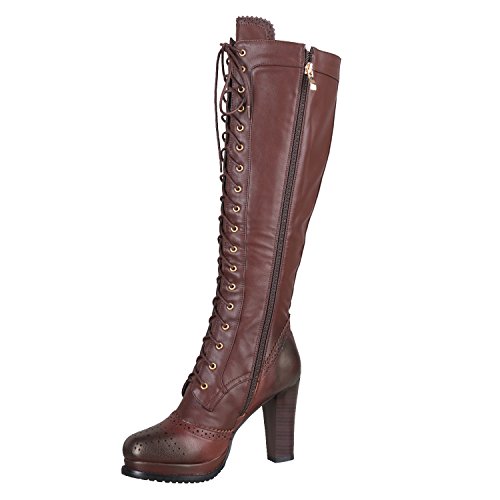 Vintage Sheepskin + PU Leather Lace Up Stacked Heel Knee High Casual Boots Shoes