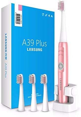 Ultrasonic Electric Toothbrush Rechargeable IPX7 Waterproof wireless charging 4 Heads (Pink)
