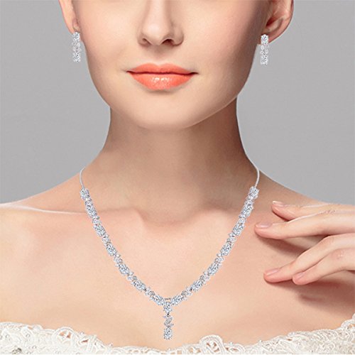 EleQueen Women's Silver-tone Cubic Zirconia Oval Shape Leaf Necklace Earrings Set For Brides And Weddings Clear