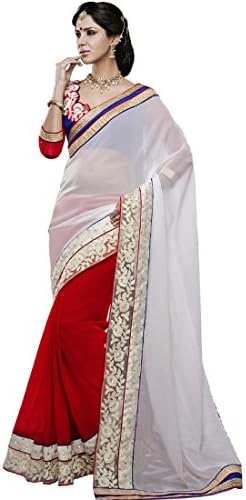 Beautiful red and White Georgette saree with Blouse Piece