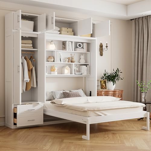 Merax Queen Size Murphy Bed with Top Cabinet, Shelves and Wardrobe, Fold into T…