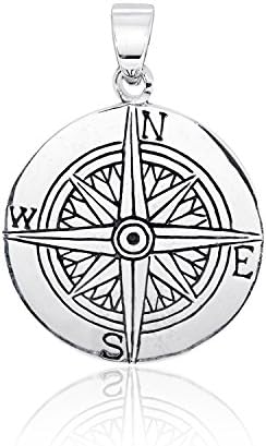 Sterling Silver 925 Round Compass Device for Navigation Direction Geographic North South West East Pendant
