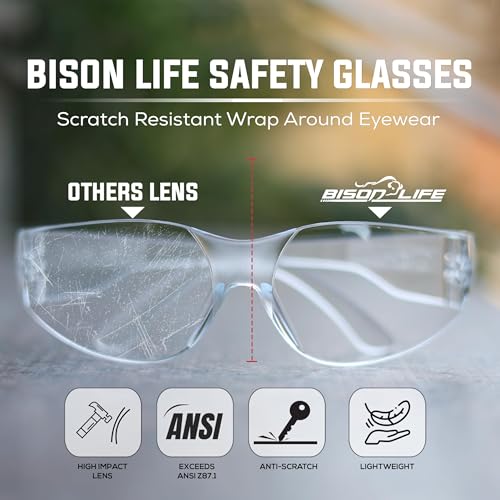 BISON LIFE Clear Safety Glasses, ANSI Z87.1 Certified Eyewear Men & Women.