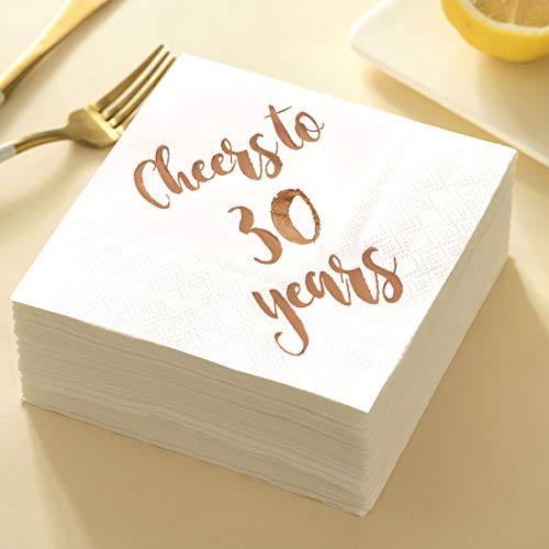 Cheers to 30 Years Cocktail Napkins, 50-Pack 3ply White Rose Gold 30th Birthday Dinner Celebration Party Decoration Napkin