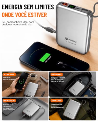 Power Bank 20000mAh PD 22.5W Carregador Portátil USB-C Display LED | Painel LED, Cabo Integrado, USB-C e Cabo Compatível com Iphone, Alça para Transporte, Carregamento Rápido,
