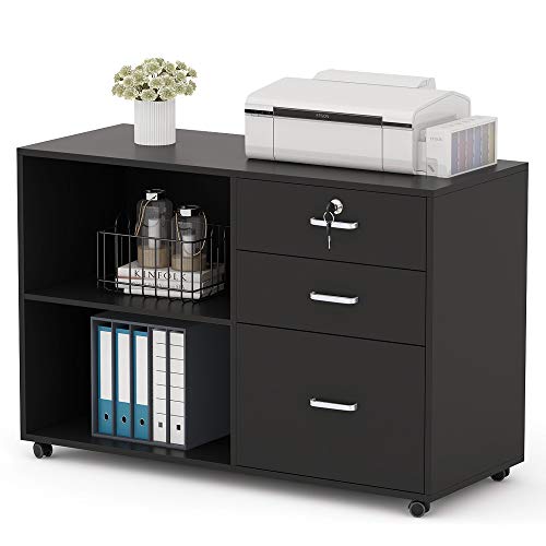Tribesigns 3 Drawer Wood File Cabinets with Lock, Large Modern Lateral Mobile Filing Cabinets Printer Stand with Wheels, Open Storage Shelves for Home (Black with Lock)