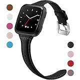 Maledan Compatible with Fitbit Versa Bands, Women Men, Slim Genuine Leather Band Accessories Replacement Strap for Fitbit Versa Smartwatch, Black, Small Size