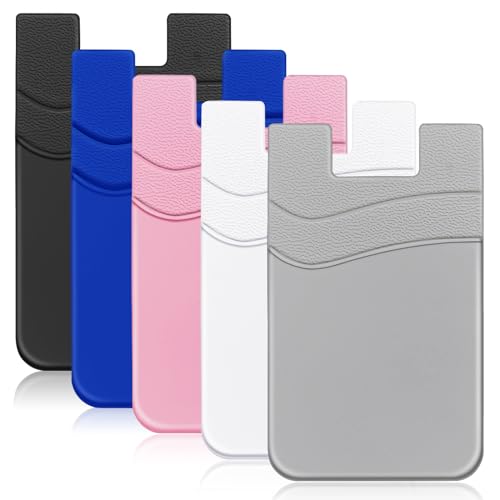 Senose 5 Pack Cell Phone Wallet, Silicone Phone Card Holder, Phone Credit Card Holder Adhesive Stick On Pocket for Back of Phone Case, Compatible for iPhone and Android - Black+White+Grey+Blue+Pink