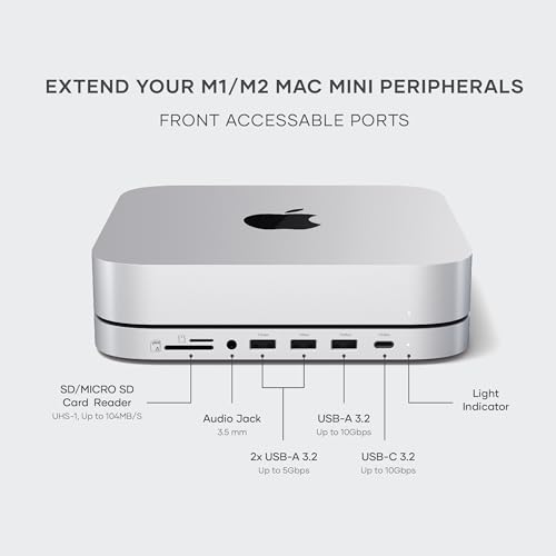 Satechi Mac mini Hub & Stand with SSD Enclosure for NVME/SATA M.2, Mac mini Dock with USB C 10Gbps, 3 USB A 5/10Gbps, 2.0 Audio Jack, for Mac Studio, Mac mini M2/M1 (Not Compatible with M4) - Silver