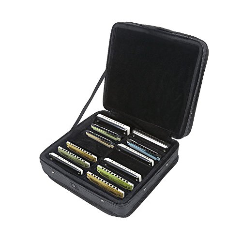 Harmonica Case, Nylon 10 Holes Harmonica Carrying Box with Zipper Compatible with12Pcs Harmonica