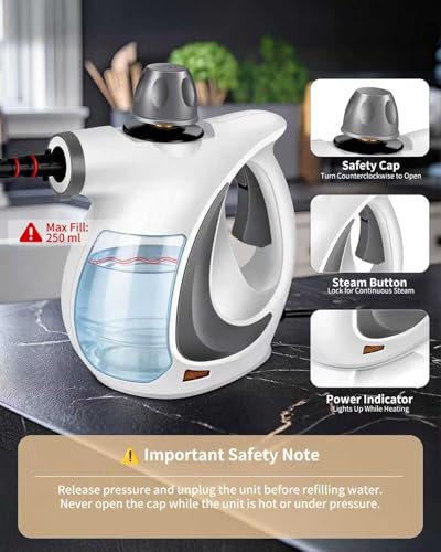 Pressurized Handheld Steam Cleaner for home with 12pcs Accessories & Safety Lock – Multi-Surface Natural Deep Steamer for Cleaning Car, Furniture, Floor, Upholstery, Tile, Grout, Windows (Dark Grey)