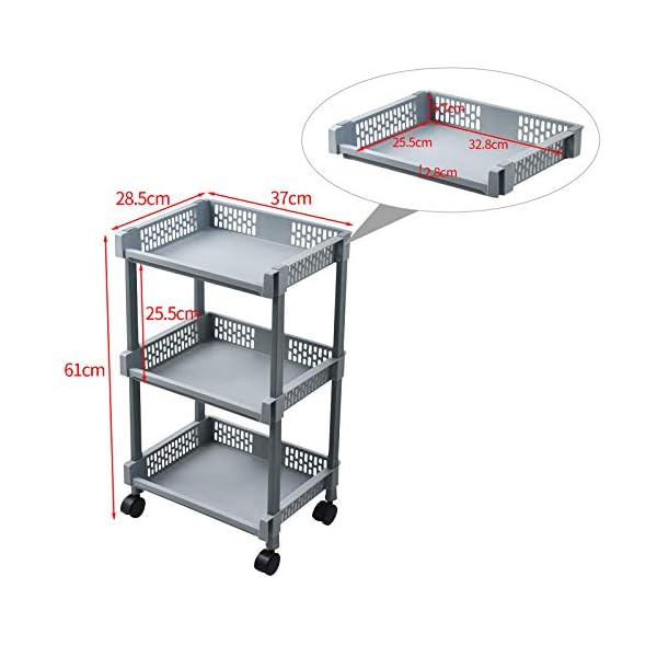 TUKAILAI Rolling Storage Trolley 3 Tier Utility Cart with wheels and 3 Baskets Organization for Kitchen Bathroom Bedroom…