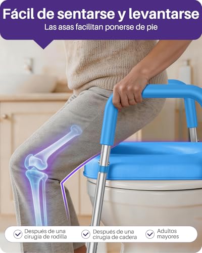 KEKOY Elevador WC adulto con 7 ajustes de altura y 3 de ancho y reposabrazos. Montaje sin herramientas, el alzador WC adulto es compatible con la mayoría de inodoros, ideal para mayores, Azul