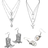 Western Turquoise Layered Chain Necklaces Earring Set,Retro Imitation Turquoise Collarbone Chain,Boho Layered Necklaces,Bull Head Necklace Country Concert Accessories Jewelry Gifts for Women Cowgirls