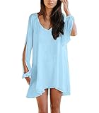 FACE N FACE Women's V-neck Loose Irregular Hem Summer Chiffon Short Casual Dress Sky Blue Small