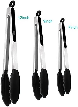 Kuger Stainless Steel Kitchen Tongs Set with Silicone Tips, Non-Stick Heat Resistant (Black/3-Piece)