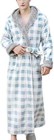 メンズ フランネル ロングローブ ソフトフリース 暖かい部屋着 フード付き プラッシュ 格子縞 バスローブ スリープウェア パジャマ ベルト付き