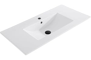 Higorl 36" L x 18.3" W Bathroom Vanity Top with Ceramic Undermount Sink, Drop in Bathroom Vessel Sink Rectangle, Without Matte Black Faucet & Pop up-Drain, W/One Hole, White