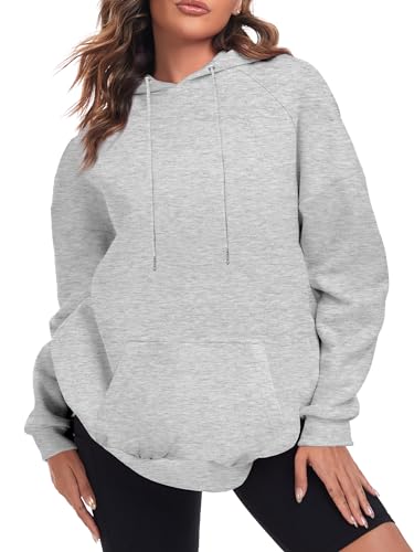 FKEEP Oversize Hoodies Women Fleece Crewneck Sweatshirt Casual Long Sleeve Pullover Tops with Pockets(Light Grey,Medium)