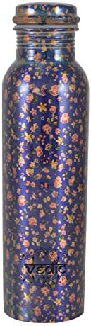 Vedic Modern Art Printed Ethically Handmade Copper Bottle for Home and Kitchen (Blue Flower)