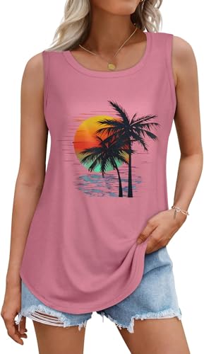 Tank Tops for Women Summer Sleeveless Shirts, Coconut Island Sunset, L at Amazon