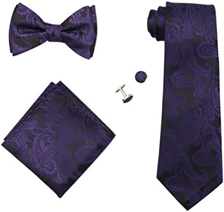 JAIFEI Gentleman’s Gift Set – Paisley Woven Necktie, Pocket Square, Bowtie &amp; Cufflinks (Dark Purple)