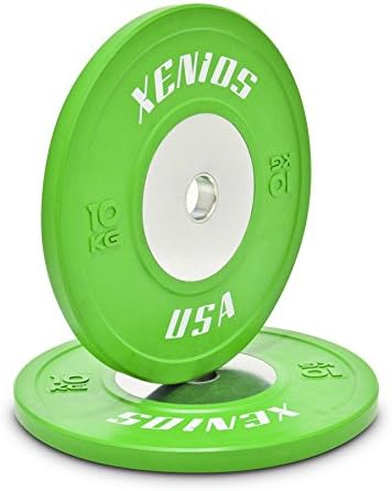 Xenios USA Competition Rubber Bumper  Plate  with Stainless Steel Centre  Plate  10 kg, Green, PSBPCRBPL10