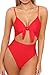 LEISUP Womens Spaghetti Strap Tie Knot Front One Piece Top High Cut Swimsuit Red M