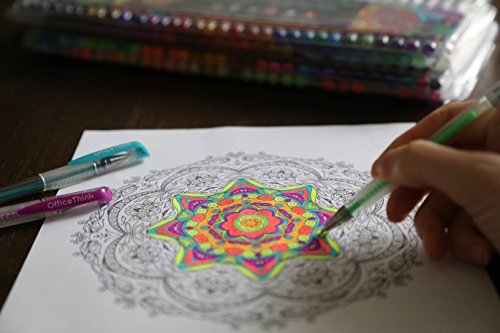 OfficeThink 130 Unique Gel Pens Set - Ergonomic Grips - Color Codes and Chart - Zero Duplicates - 60% More Ink - Non Toxic - Acid Free - BONUS 12 Adult Coloring Pages, Sketching, Crafts, and More!