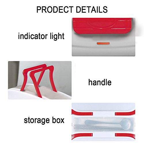 LOHOME Electric Heating Lunch Box - Insulated Car Lunch Box Bento Meal Heater Food Warmer Stainless Steel Portable Lunch Containers with Car Charging Function Free Spoon & Fork (Red) - Thumbnail 2