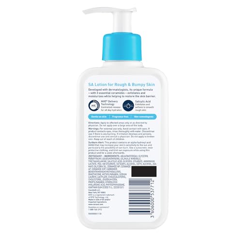 CERAVE SA LOTION FOR ROUGH & BUMPY SKIN, VITAMIN D, HYALURONIC ACID, LACTIC ACID & SALICYLIC ACID LOTION, FRAGRANCE FREE & ALLERGY TESTED, 8 OUNCE