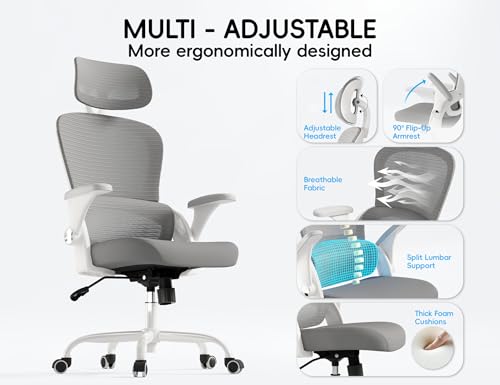 TRALT Office Chair - Ergonomic Office Chair with Back Support, Computer Chair - Home Office Desk Chairs, 330lbs Wide Seat Big and Tall Office Chairs with Headrest, Comfy Desk Chairs (White Grey)