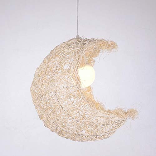 Moon Chandelier,Handmade Bamboo and Rattan Weaving,Grass Vine Lampshade,Children'S Room Decoration Gift,Simple and Lovely Lighting,E27,White