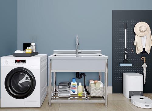 Vockol Large Stainless Steel Freestanding Sink, 90 cm Kitchen Sink with Pull Out Faucet, Freestanding Sink for Outdoor, Kitchen, Restaurant, Garage, Laundry Room, Jardi