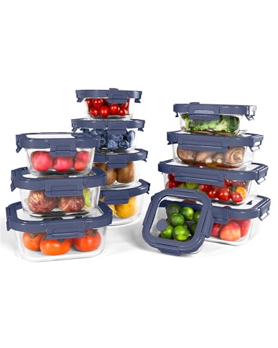 BOROHOUSE Glass Containers with Lid Set (12 Pieces), High Borosilicate, Microwave-Safe, Oven Safe, 20°C ~ 510°C, with Valve, Dishwasher Safe - Perfect for Storage Jars, Meal Prep & Freezer Containers, Blue
