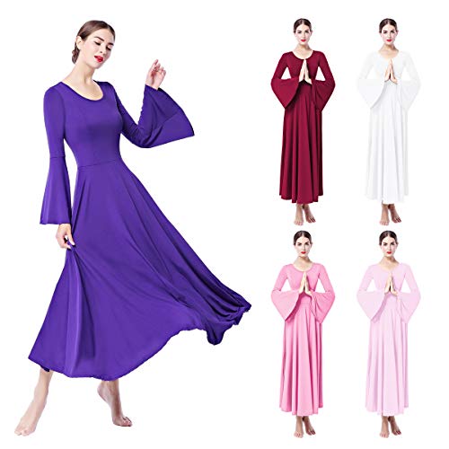 Women Bell Long Sleeve Liturgical Praise Dance Dress Loose Fit Full Length Swing Gown Ruffle Tunic Circle Skirt Costume