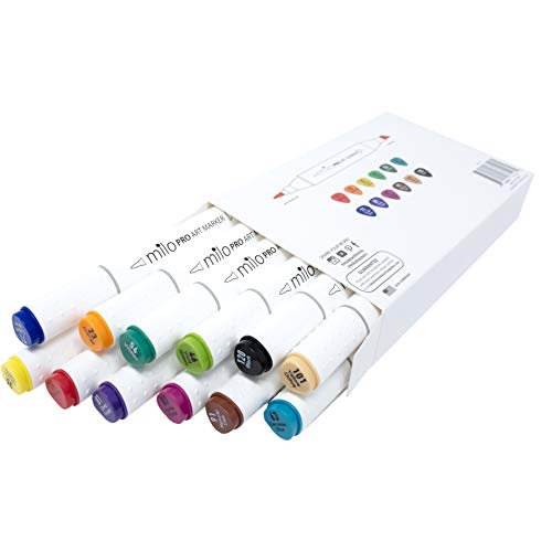 milo Pro Alcohol Based Double Sided Art Markers 12 pc Brush and