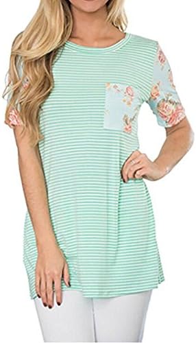 JQstar Women's Crew Neck Short Sleeve Loose Floral Striped Tunic T-Shirt Tops Blouse With Pocket (XX-Large/US XL, Green)