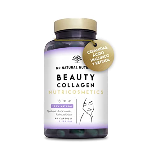 Colageno Hidrolizado con Retinol, Acido Hialuronico, Ceramidas y Niacina | Efecto Antiarrugas y Antiedad, fórmula innovadora para hidratación de la piel. 90 Cápsulas vegetales.CE.N2 Natural Nutrition