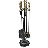 5 Pieces Fireplace Tools Sets Brass Handles Wrought Iron Fire Place Tool Set and Holder Outdoor Fireset Fire Pit Stand Rustic Tongs Shovel Antique Brush Chimney Poker Wood Stove Hearth Accessories Kit