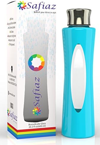Premium Glass Water Bottle, By Safiaz, with Silicone Sleeve (20 Fl Oz) Bpa-free Glass, Eco Friendly, Durable, Reusable, Leak-proof, Dishwasher Safe, Drinking Bottles for Outdoors, Sports, (Teal)